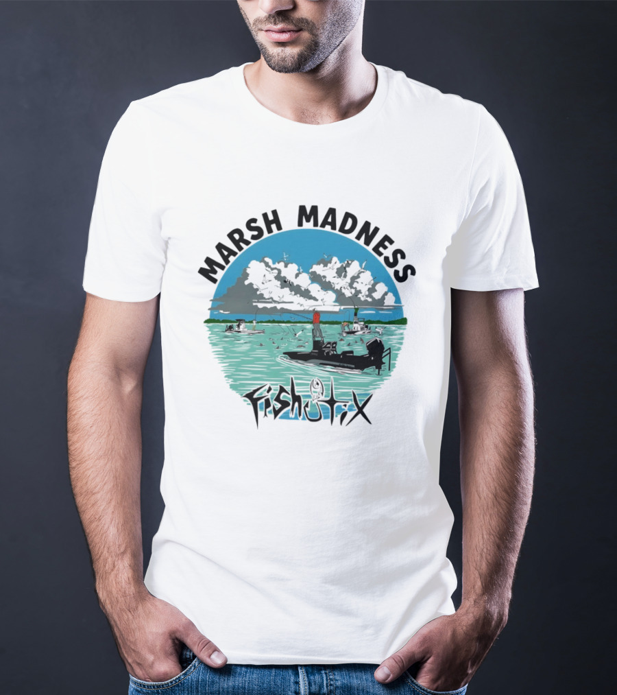 Marsh Madness Fishstix Boat Fishing Scene T-Shirt