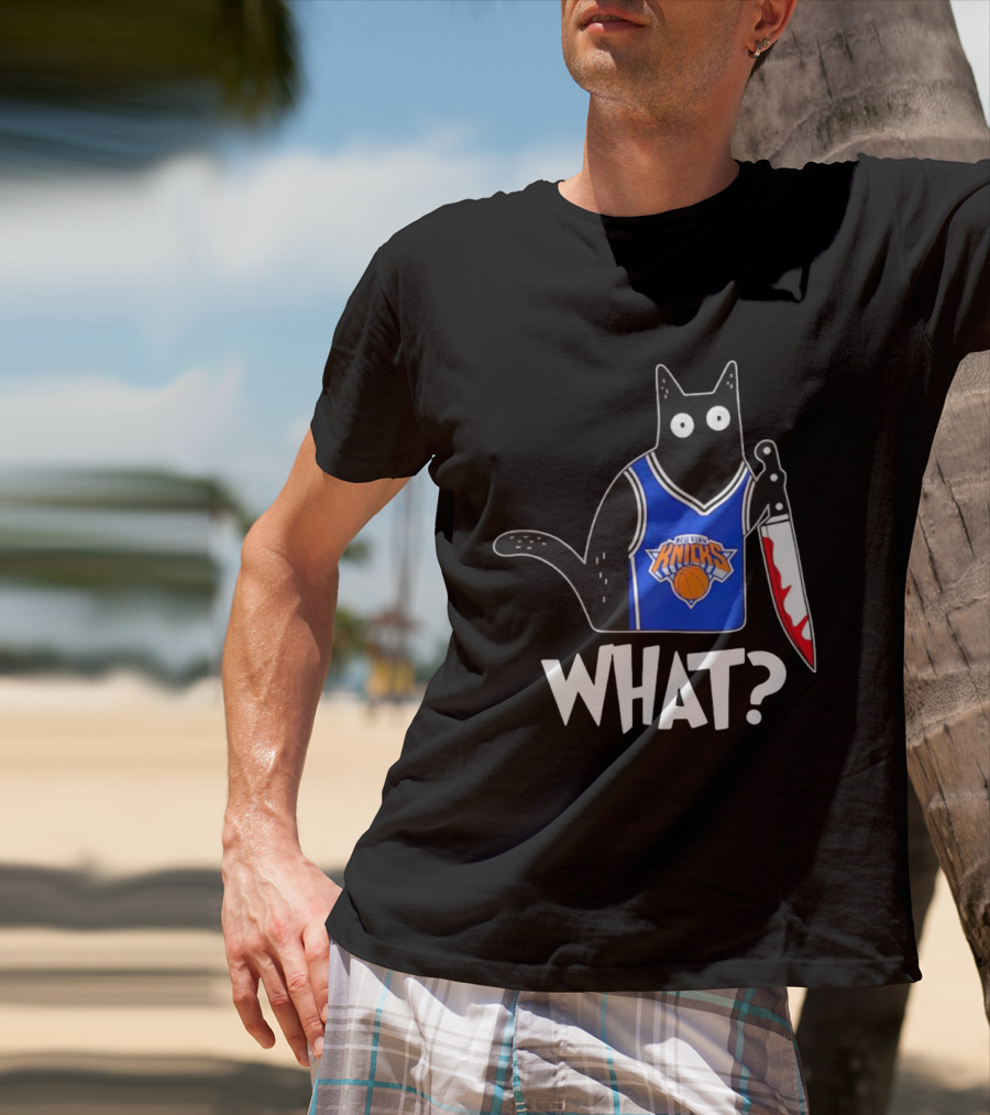 New York Knicks Cat Holding Knife Halloween WHAT T-Shirt