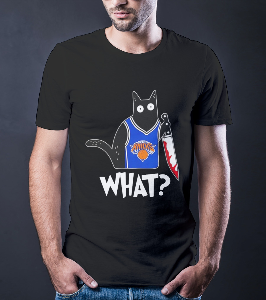 New York Knicks Cat Holding Knife Halloween WHAT T-Shirt