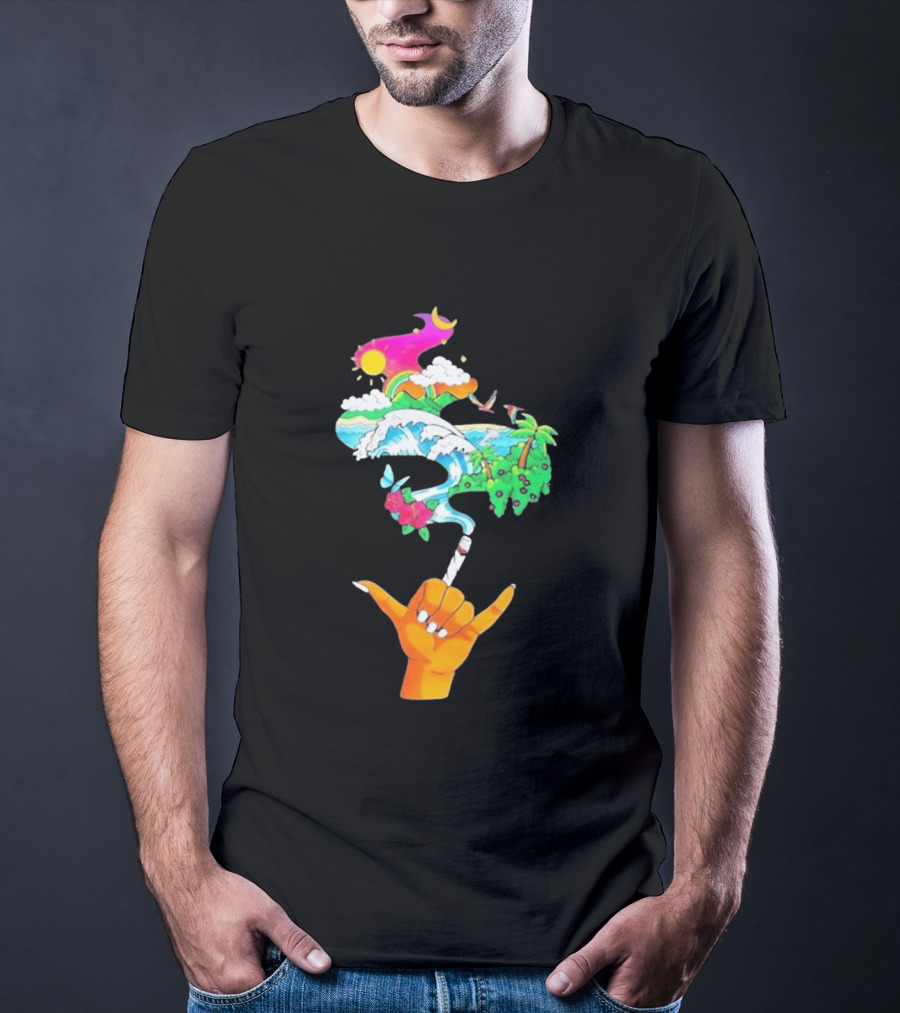 Shaka Hand Gesture With Tropical Island Wave And Colorful Clouds T-Shirt
