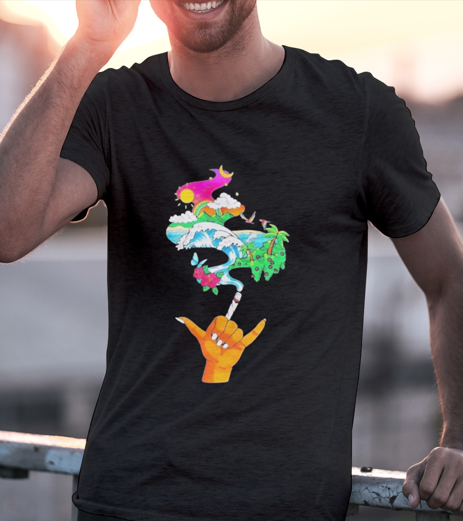 Shaka Hand Gesture With Tropical Island Wave And Colorful Clouds T-Shirt