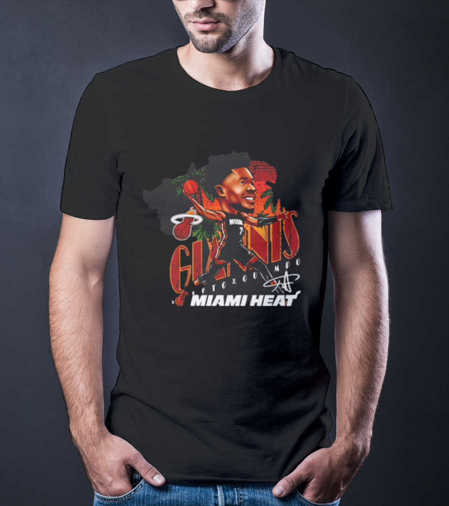 Giannis Antetokounmpo Miami Heat Cartoon Basketball Graphic Palm Trees T-Shirt