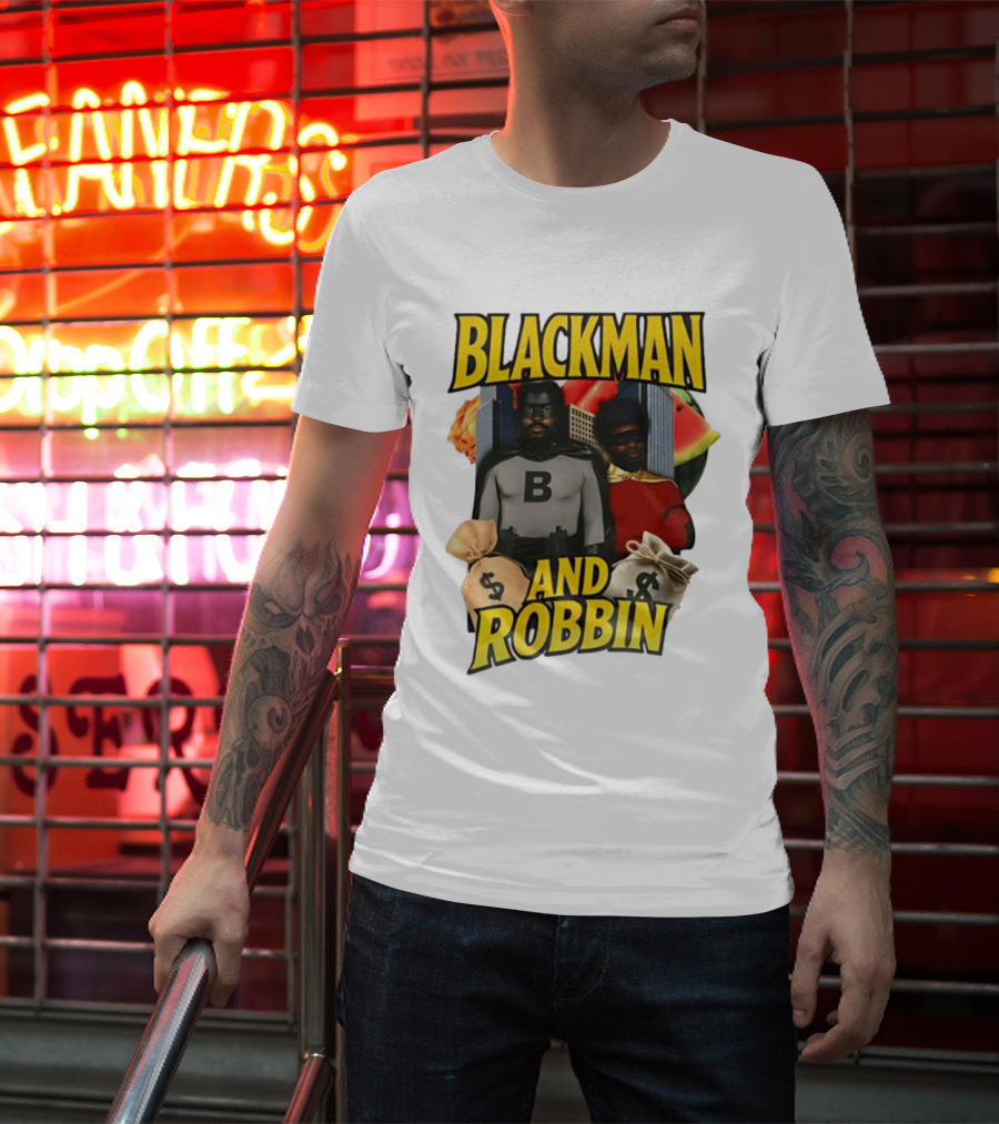 Blackman And Robbin Superhero Satire Comedy Money Bags Cityscape T-Shirt