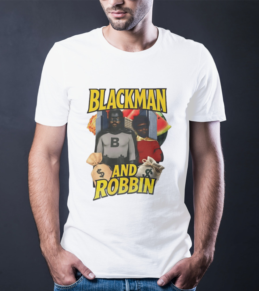 Blackman And Robbin Superhero Satire Comedy Money Bags Cityscape T-Shirt
