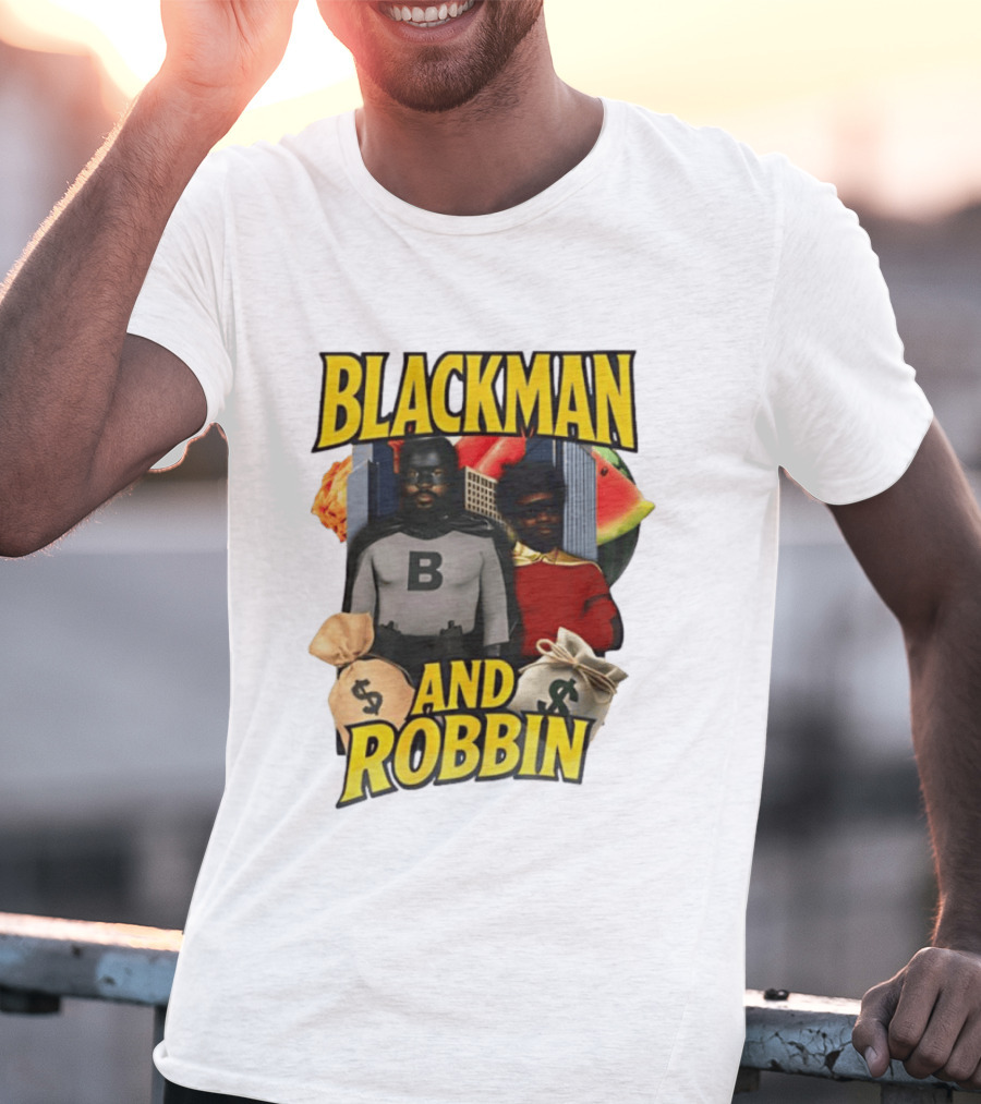 Blackman And Robbin Superhero Satire Comedy Money Bags Cityscape T-Shirt