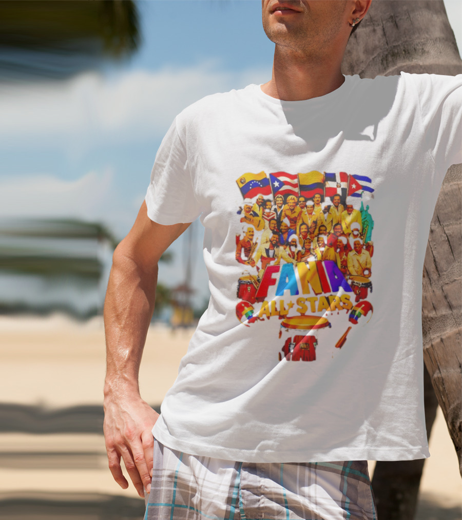 Fania All Stars Band With Colorful Flags And Musical Instruments T-Shirt
