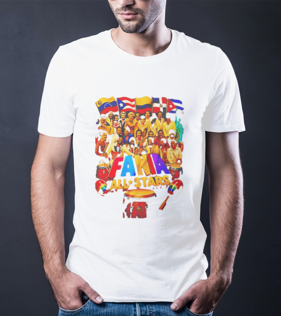 Fania All Stars Band With Colorful Flags And Musical Instruments T-Shirt