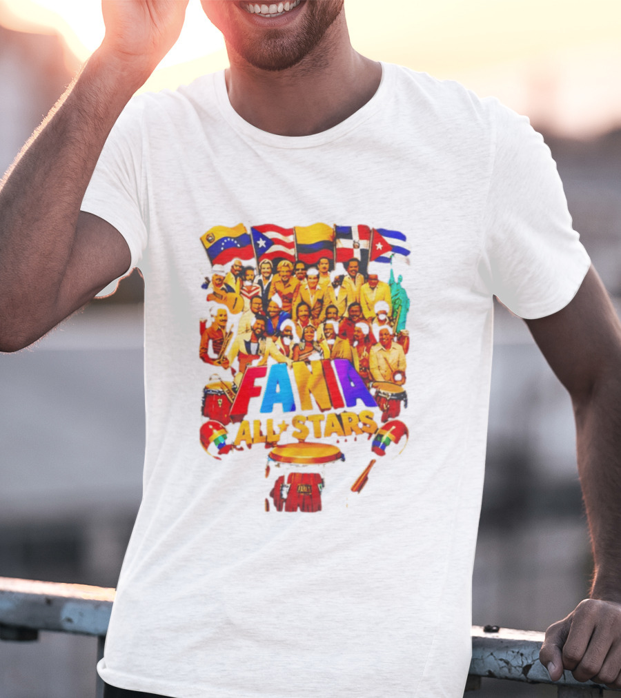Fania All Stars Band With Colorful Flags And Musical Instruments T-Shirt