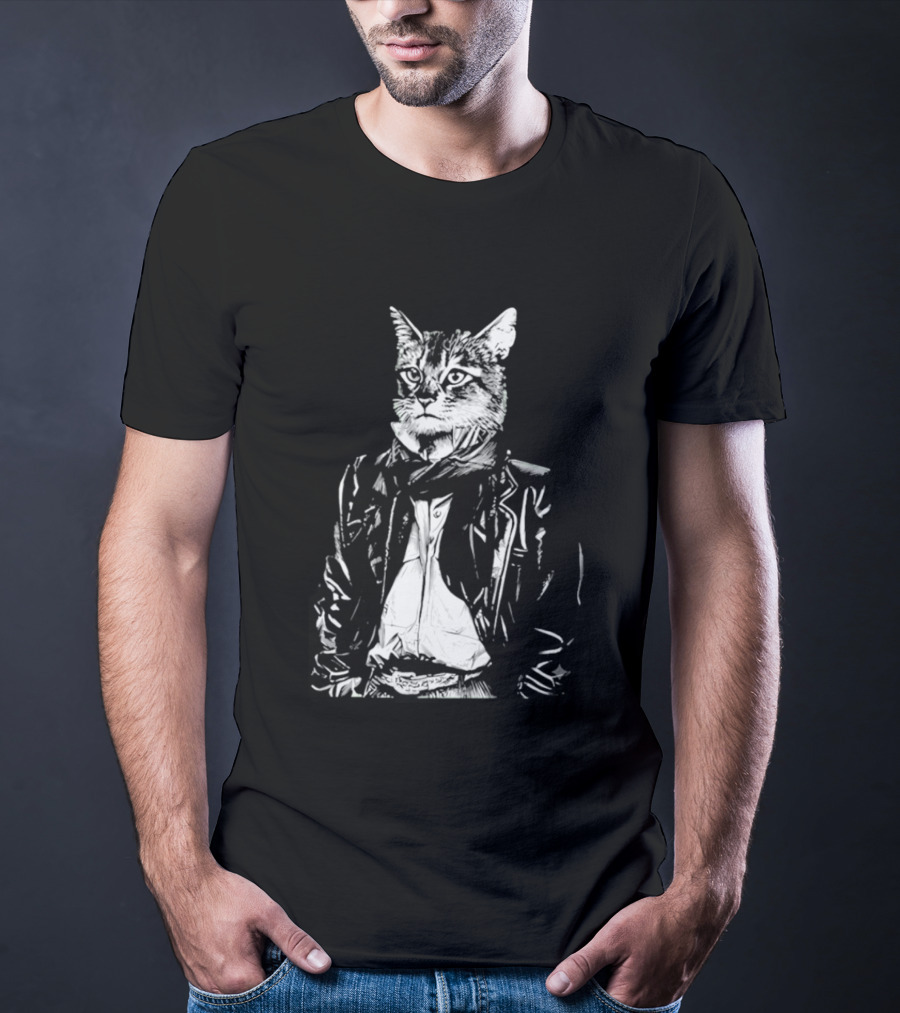 Cat They Only Come Out At Night Cool Cat In Leather Jacket T-Shirt