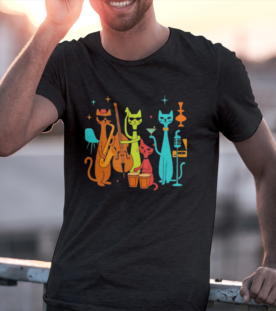 Jazz Cat Quartet Playing Instruments Bass Bongo Trumpet Martini T-Shirt