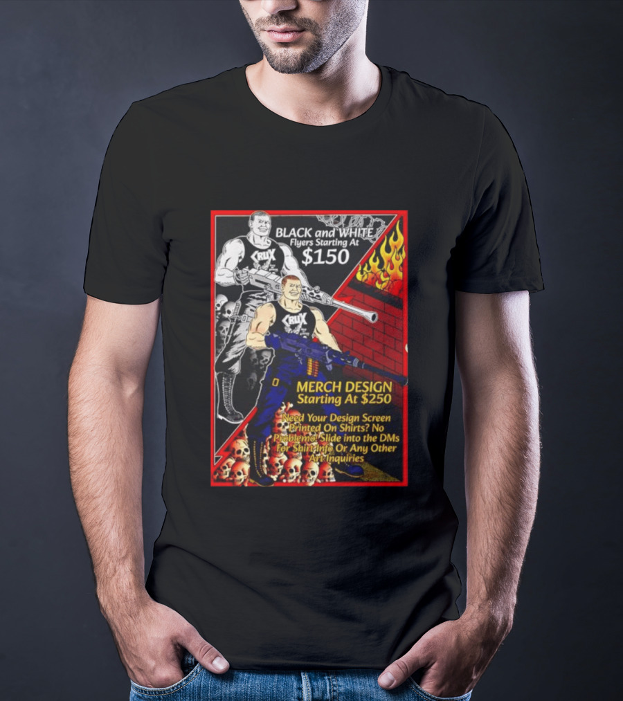 Crux Black And White Flyers And Merch Services Skulls And Flames Promo T-Shirt