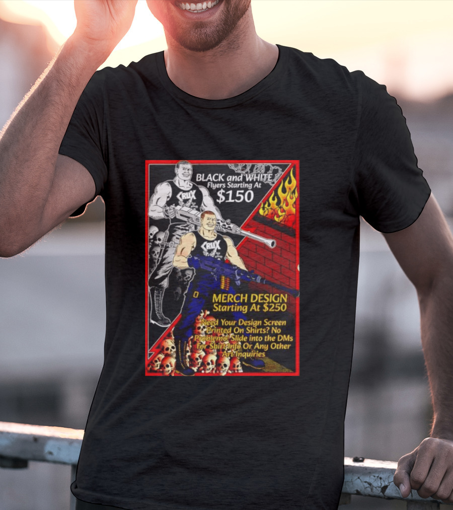 Crux Black And White Flyers And Merch Services Skulls And Flames Promo T-Shirt