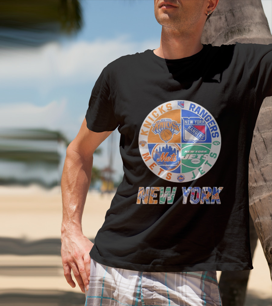 New York Knicks Rangers Mets Jets Fan Logos NY Sports Team Circle T-Shirt