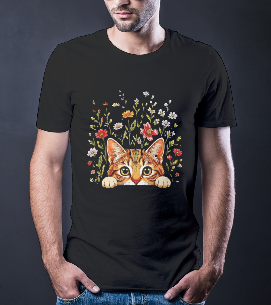 Tabby Kitten Head Through Wildflowers Florals T-Shirt