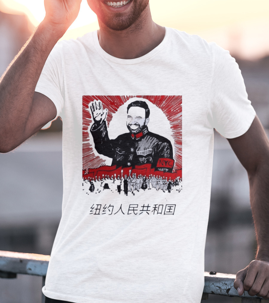 People's Republic Of NYC Bearded Man Waving With NYC Arm Patch And Red T-Shirt