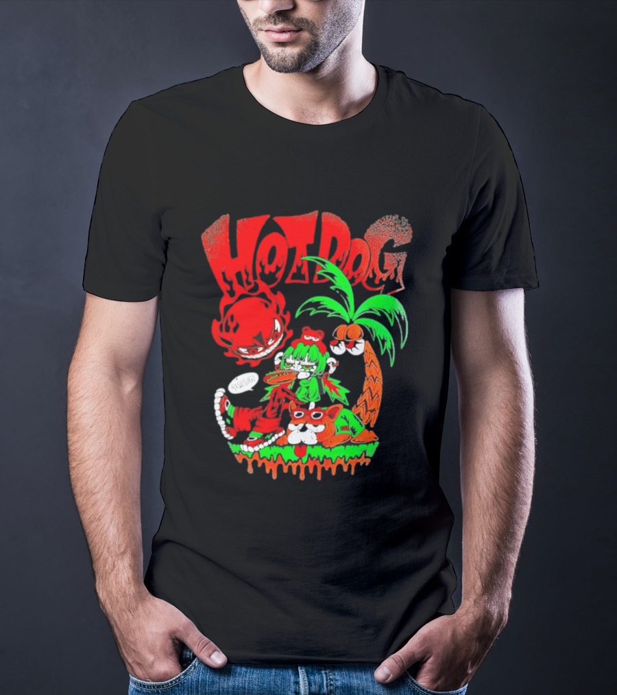 Hotdog Atsusugi Girl With Bear Hat And Dog Under Palm Tree T-Shirt