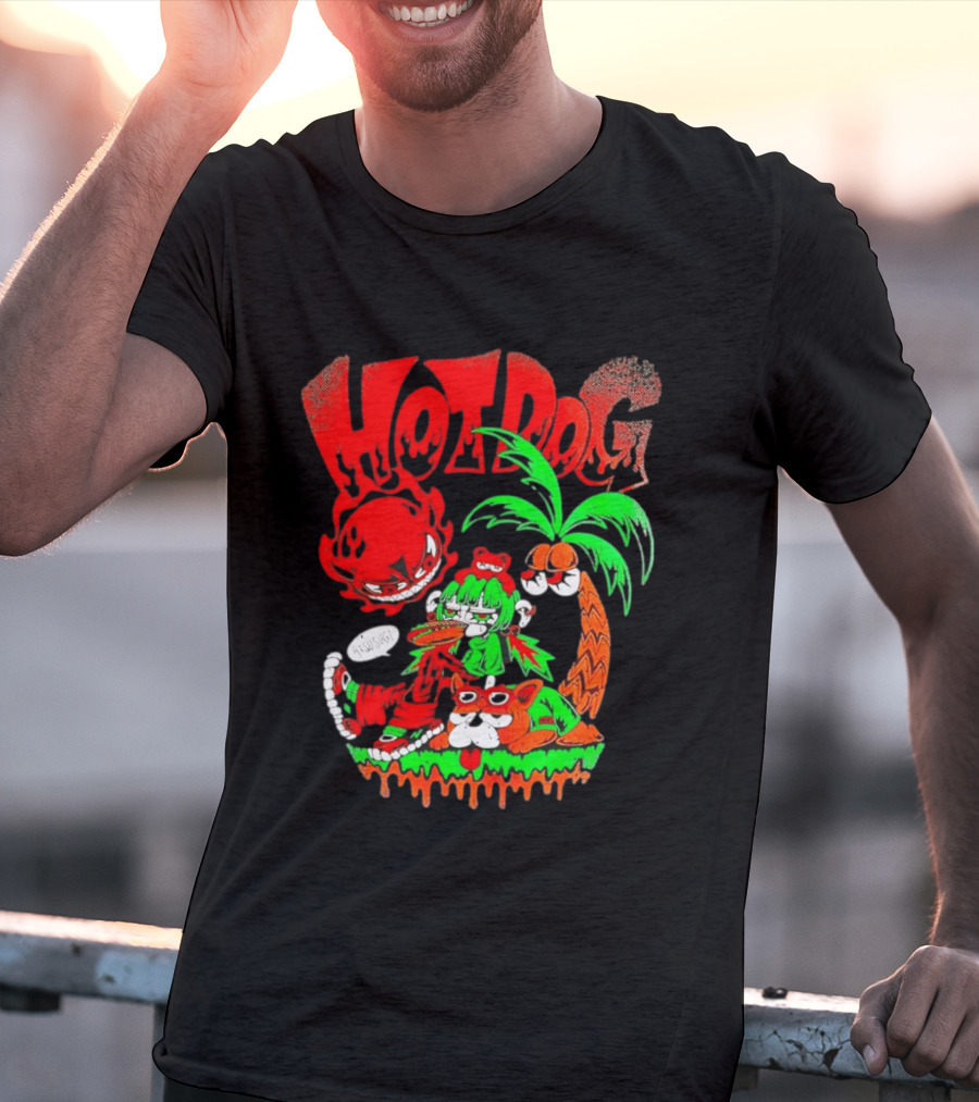 Hotdog Atsusugi Girl With Bear Hat And Dog Under Palm Tree T-Shirt