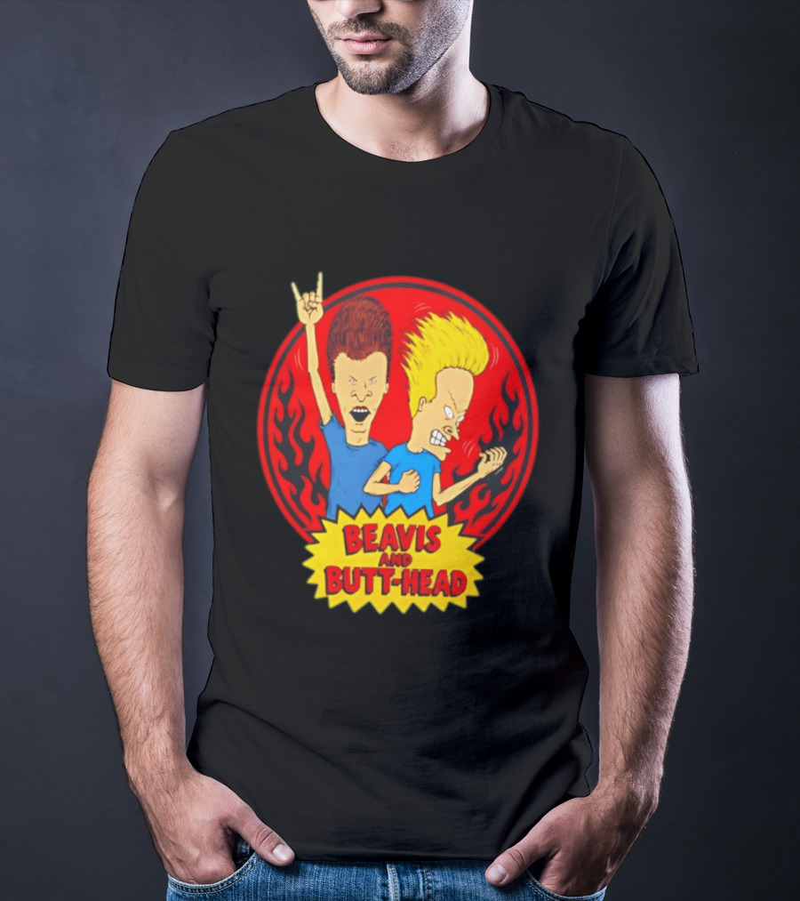Beavis And Butt Head Rocking Out Flames Circle T-Shirt