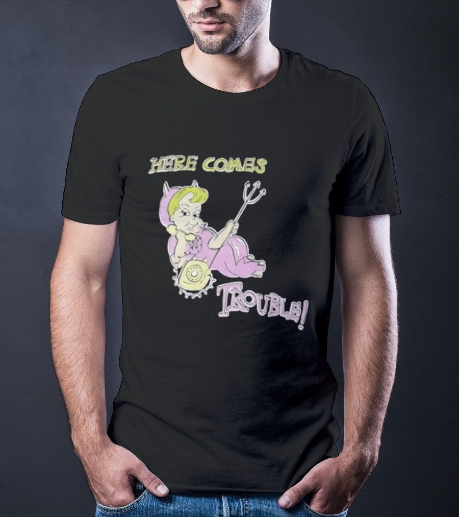 Here Comes Trouble Devil Baby With Pitchfork And Telephone T-Shirt
