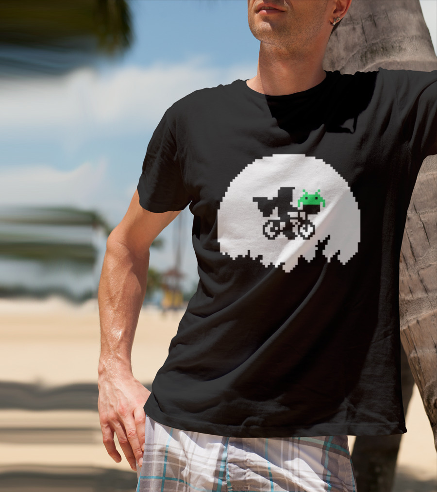 Elliott And Extra Terrestrial On Bicycle With Space Invader Pixel T-Shirt