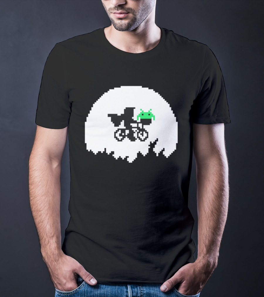 Elliott And Extra Terrestrial On Bicycle With Space Invader Pixel T-Shirt