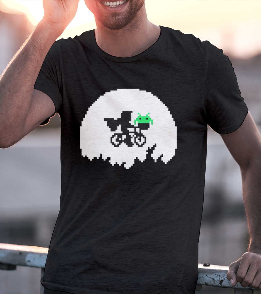 Elliott And Extra Terrestrial On Bicycle With Space Invader Pixel T-Shirt