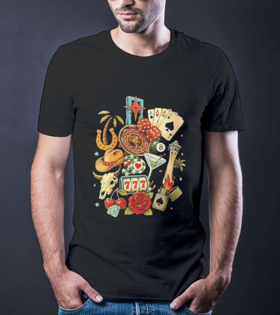 Las Vegas Casino Lucky Seven Poker Ace Of Spades Roulette Dice Palm Tree Horseshoe Rose Martini Skyscraper T-Shirt