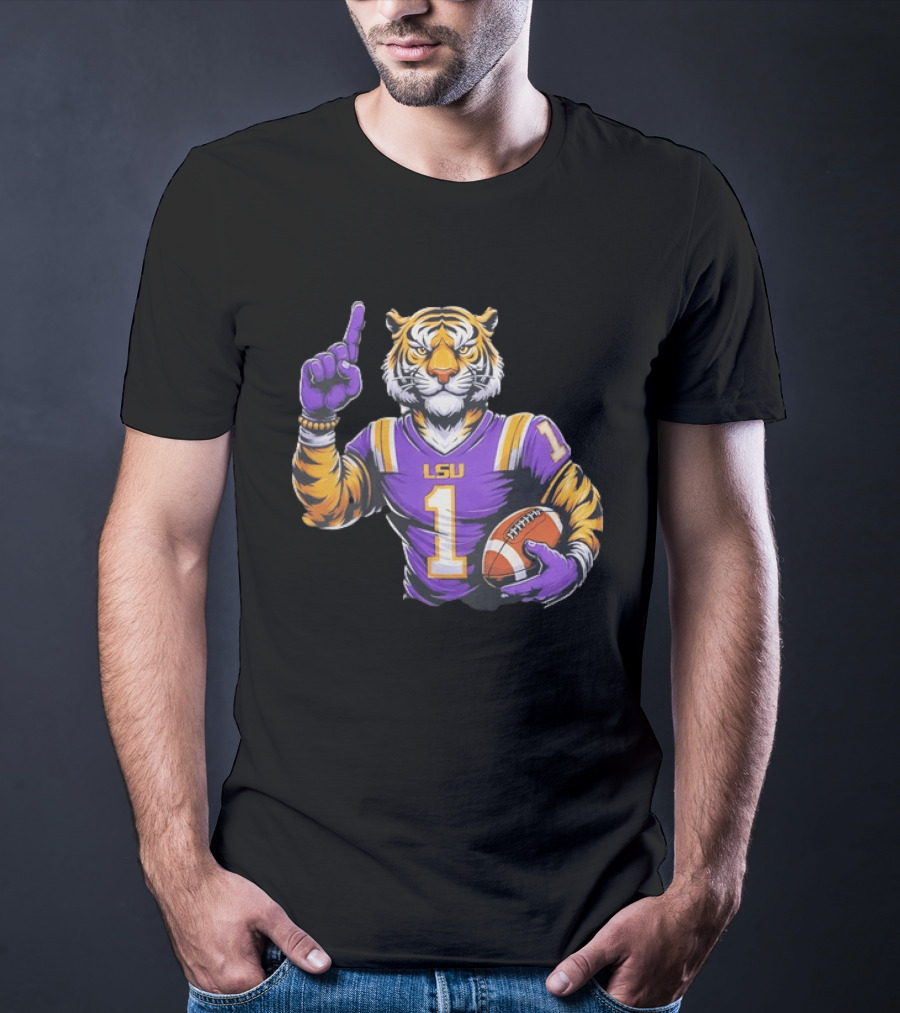 LSU Tiger Football Pointing Number 1 Holding Ball T-Shirt