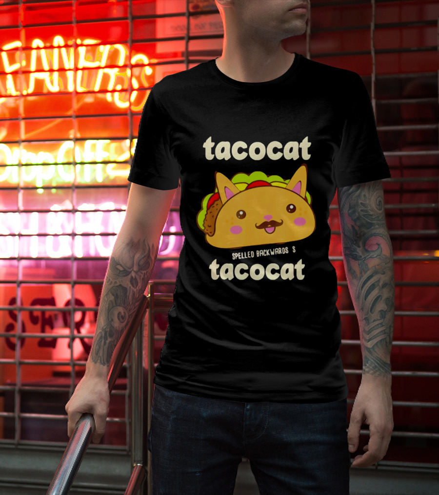 Tacocat Spelled Backwards Funny Meme Cartoon Palindrome Cat T-Shirt