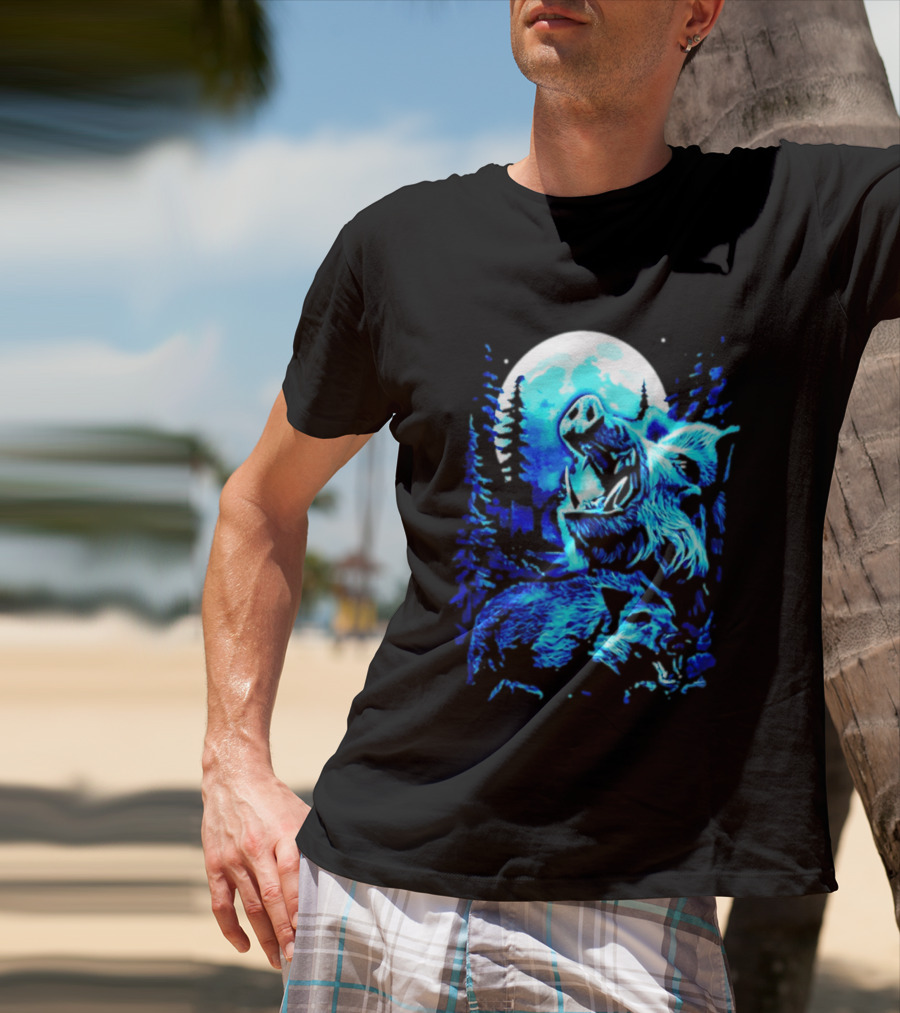 Wild Boar Howling At The Moon Under Mystical Forest Night Sky T-Shirt