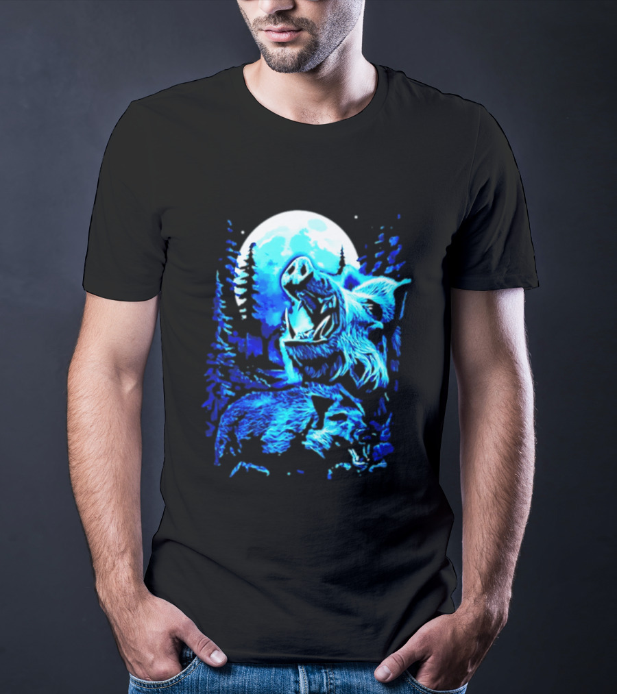 Wild Boar Howling At The Moon Under Mystical Forest Night Sky T-Shirt