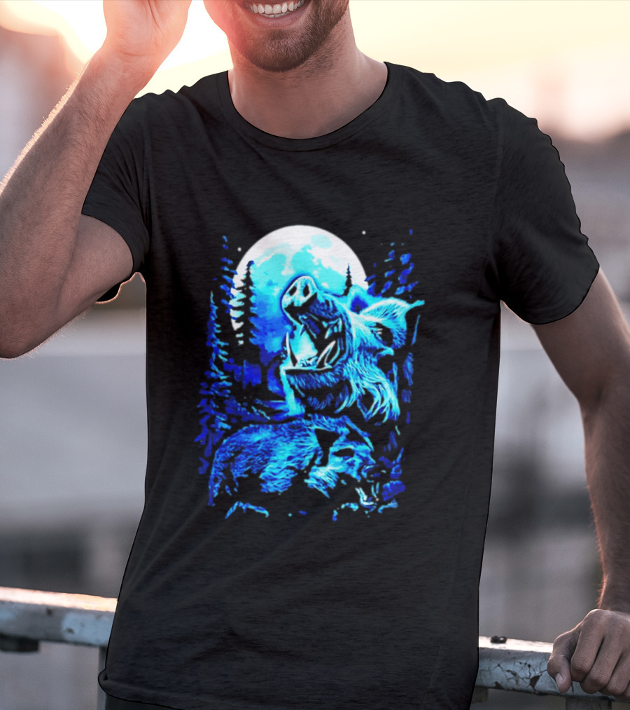 Wild Boar Howling At The Moon Under Mystical Forest Night Sky T-Shirt