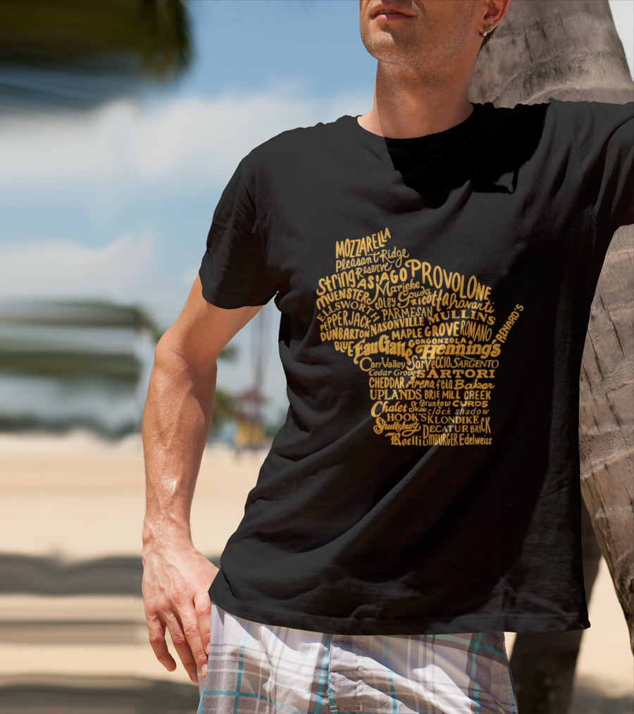 Wisconsin Cheese Map Eau Galle Cheddar Provolone Mozzarella Gouda Asiago Parmigiano Ullands T-Shirt