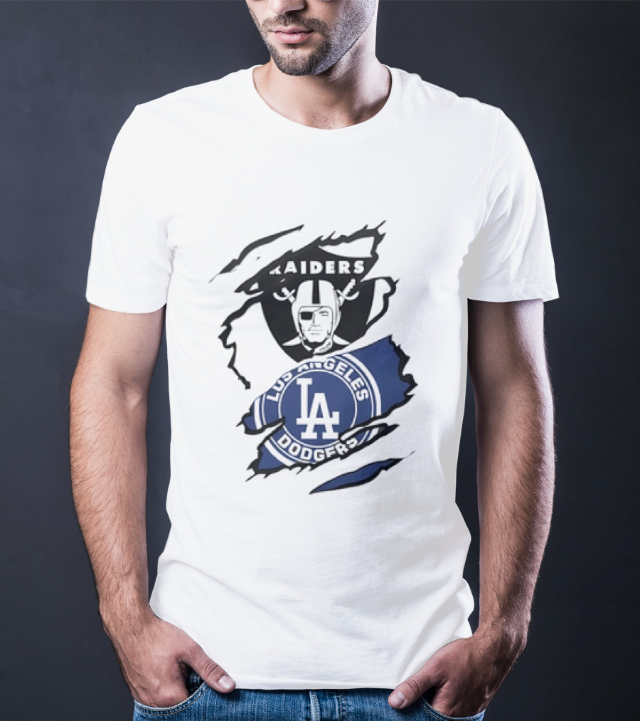 Raiders Los Angeles Dodgers Ripped Effect NFL MLB Crossover Fan Gear T-Shirt