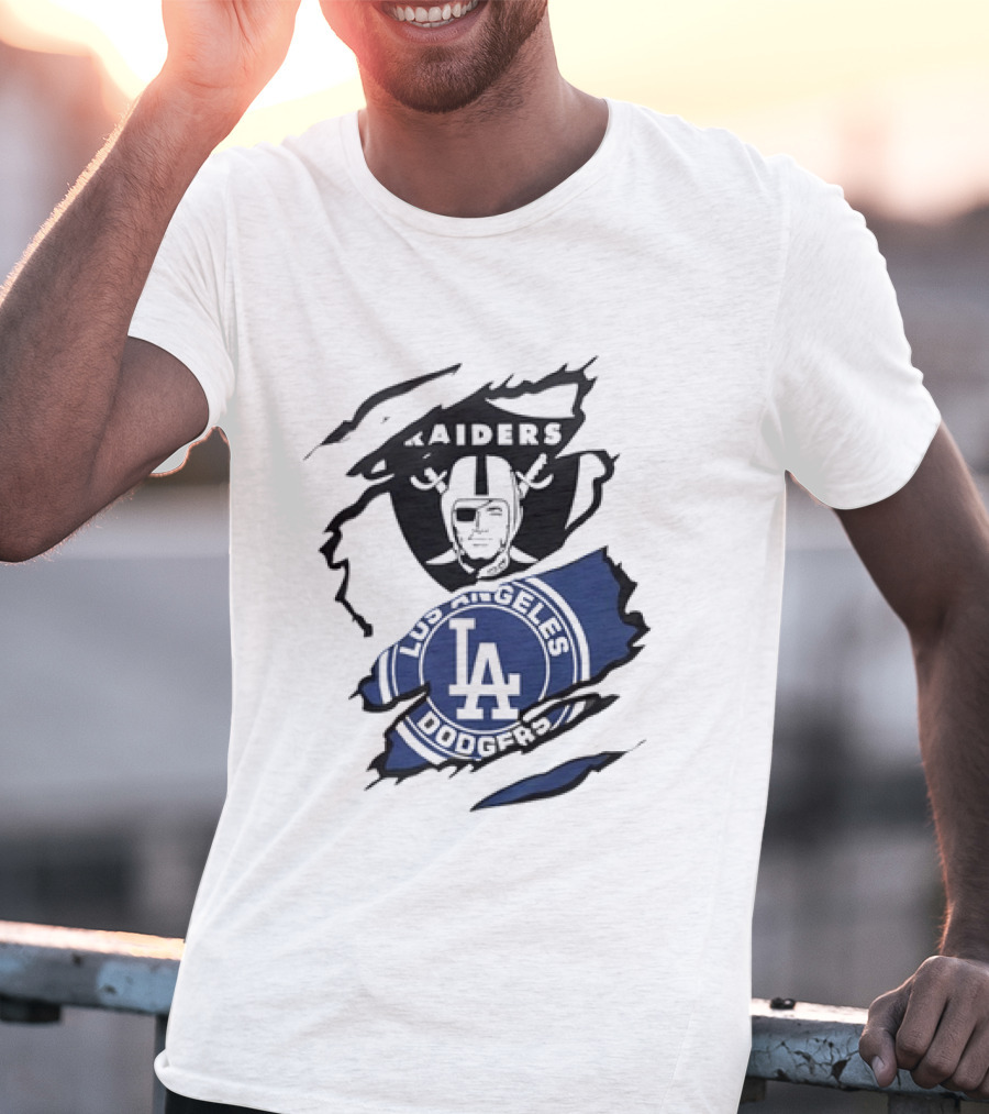 Raiders Los Angeles Dodgers Ripped Effect NFL MLB Crossover Fan Gear T-Shirt