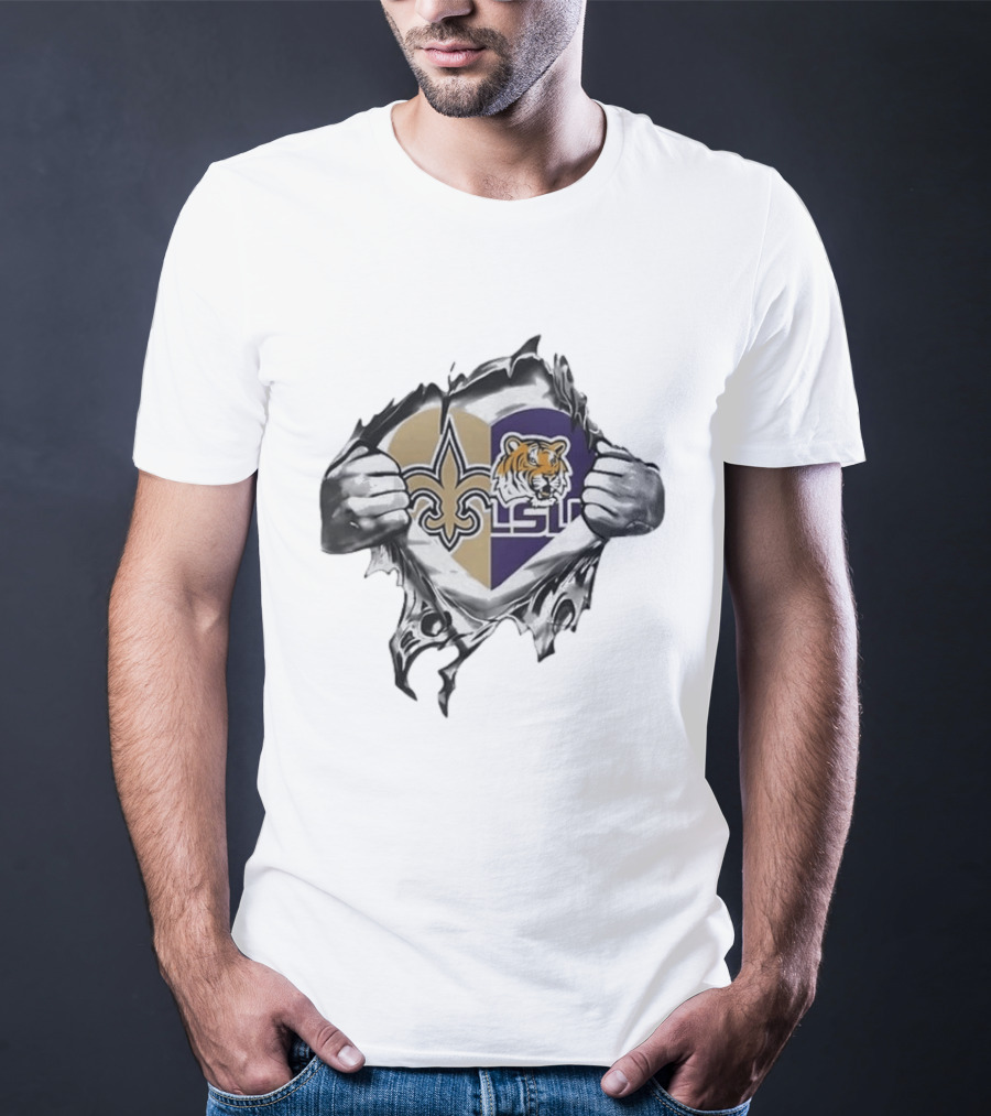 New Orleans Saints LSU Tigers Heart Hands Tearing Fleur De Lis Tiger Head T-Shirt