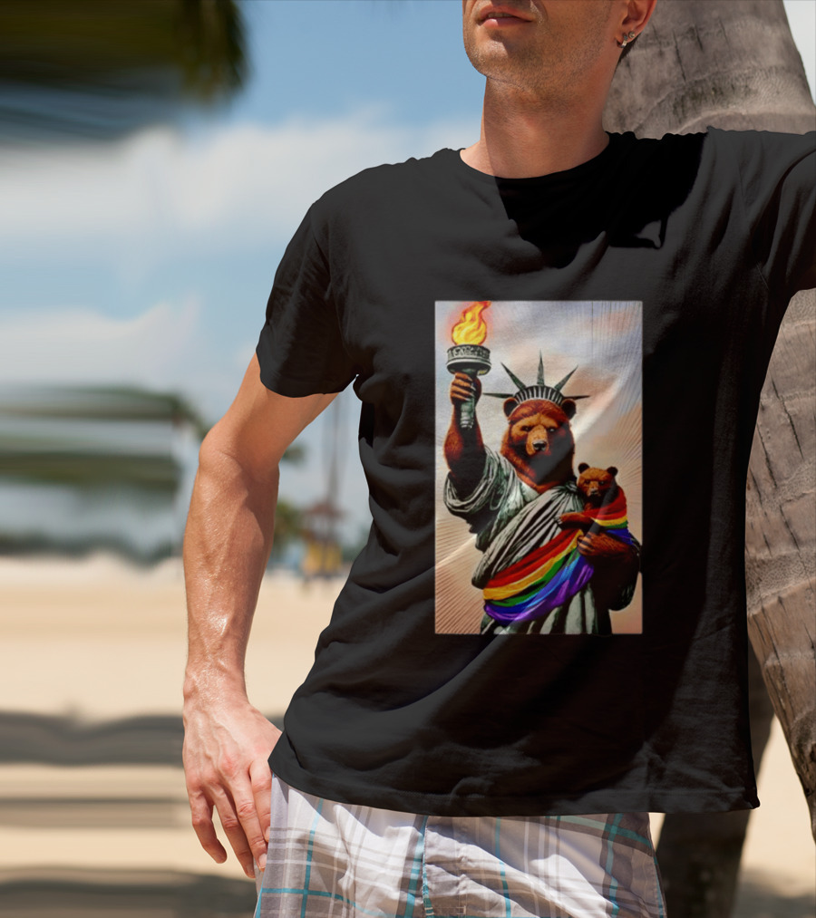 Bear Statues Liberty Rainbow Pride Torch T-Shirt