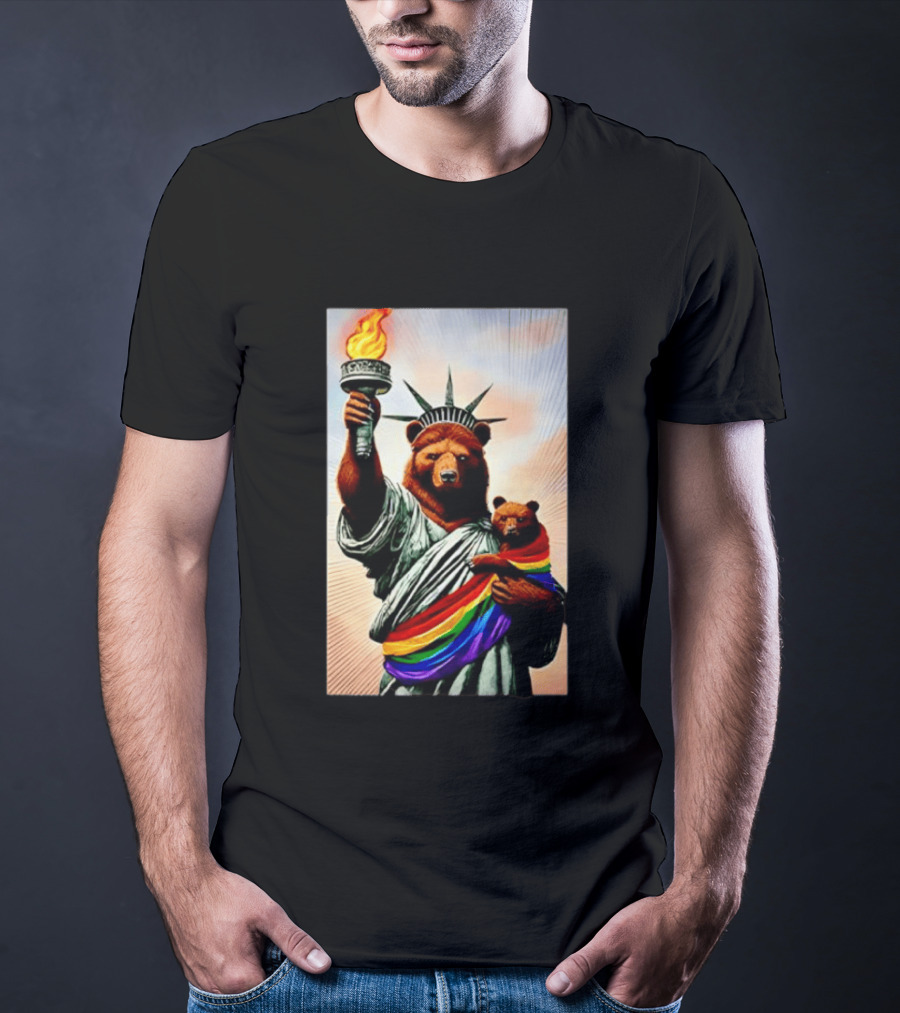 Bear Statues Liberty Rainbow Pride Torch T-Shirt