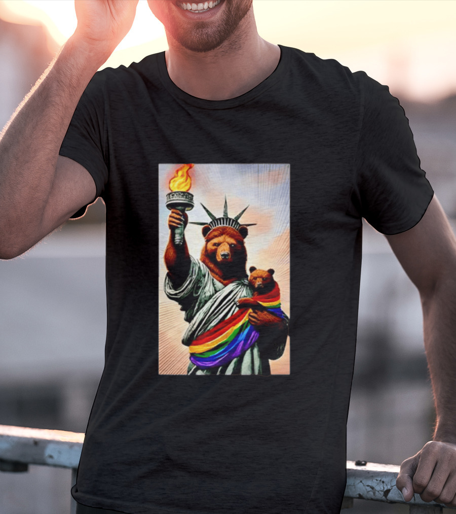 Bear Statues Liberty Rainbow Pride Torch T-Shirt