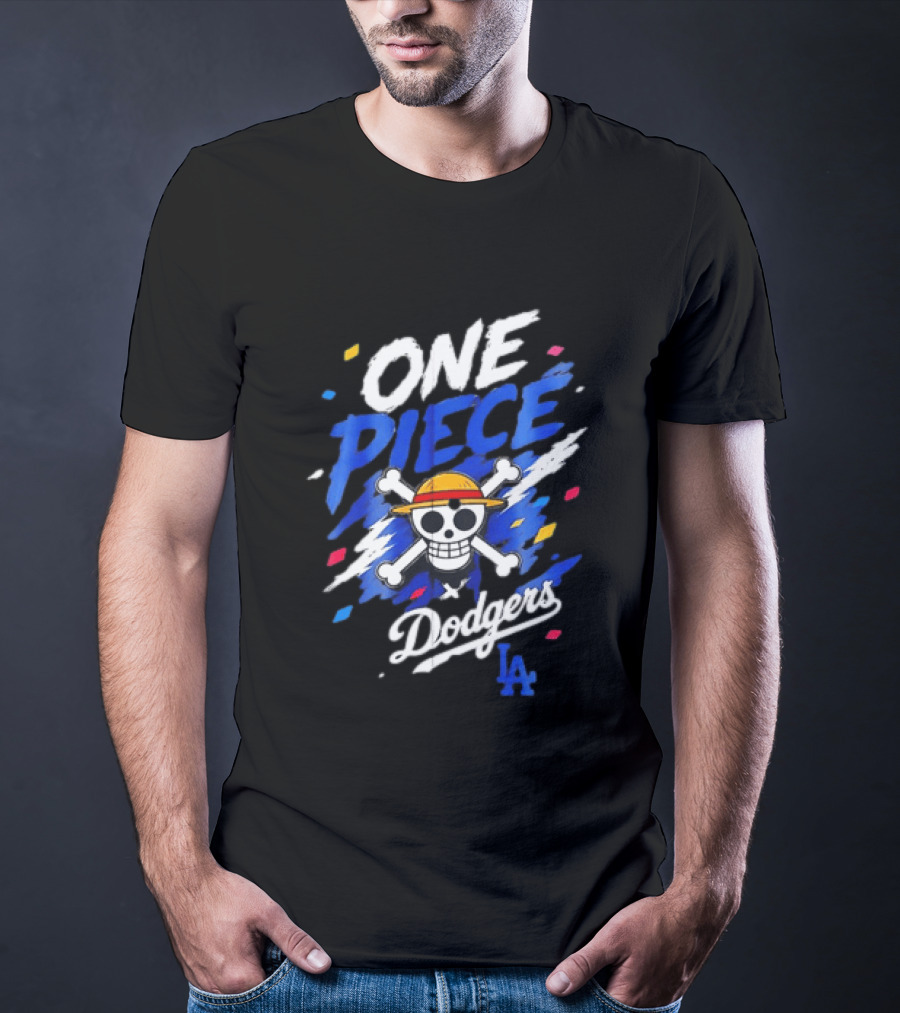 One Piece Dodgers LA Crossover With Jolly Roger And Straw Hat T-Shirt