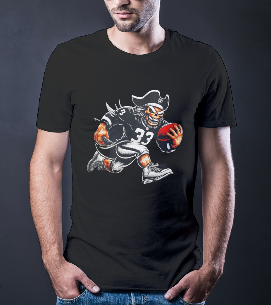 Raiders Skeleton Pirate Running With Football Number 33 T-Shirt