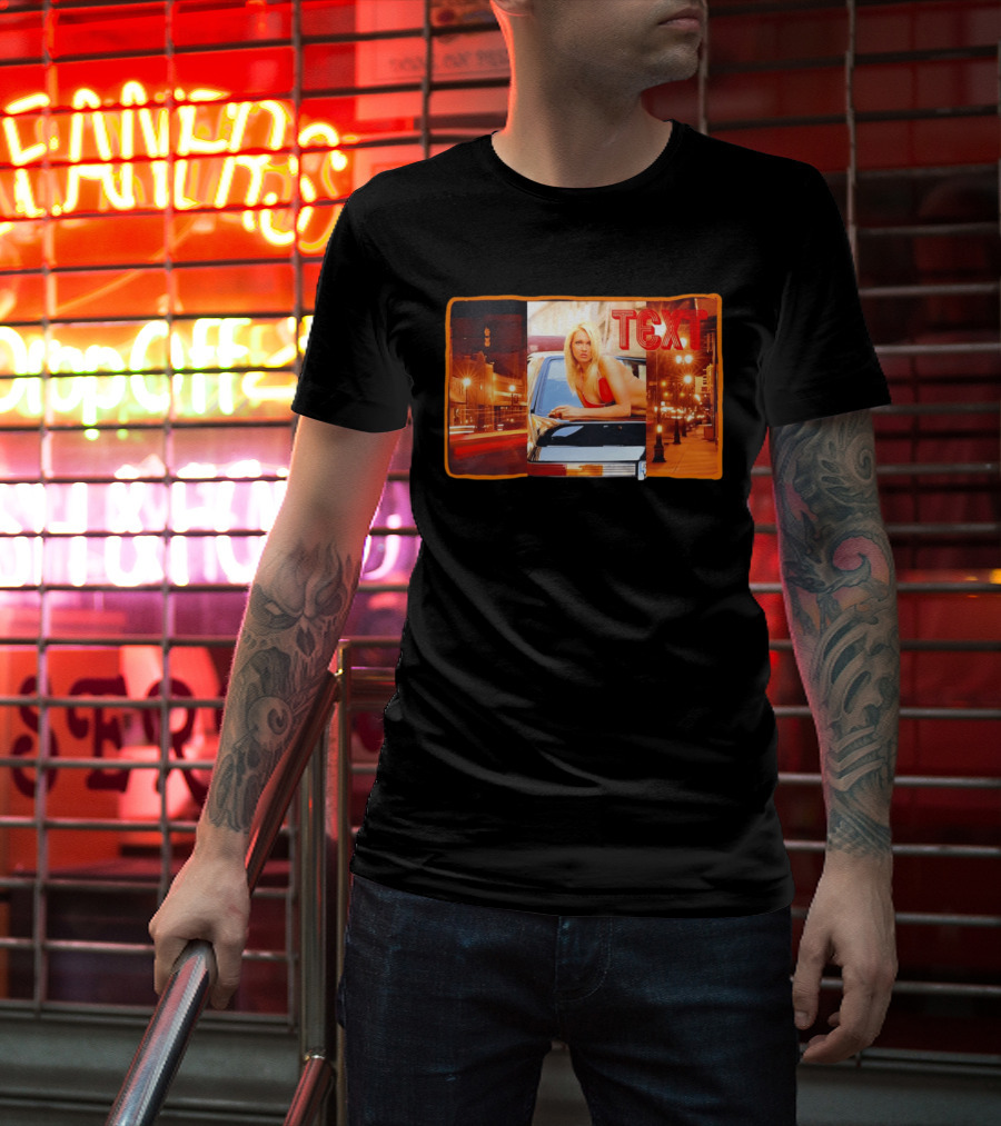 Blonde Woman In Red Bikini Leaning On Car At Night With Neon City Lights T-Shirt
