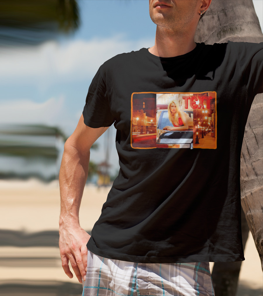 Blonde Woman In Red Bikini Leaning On Car At Night With Neon City Lights T-Shirt