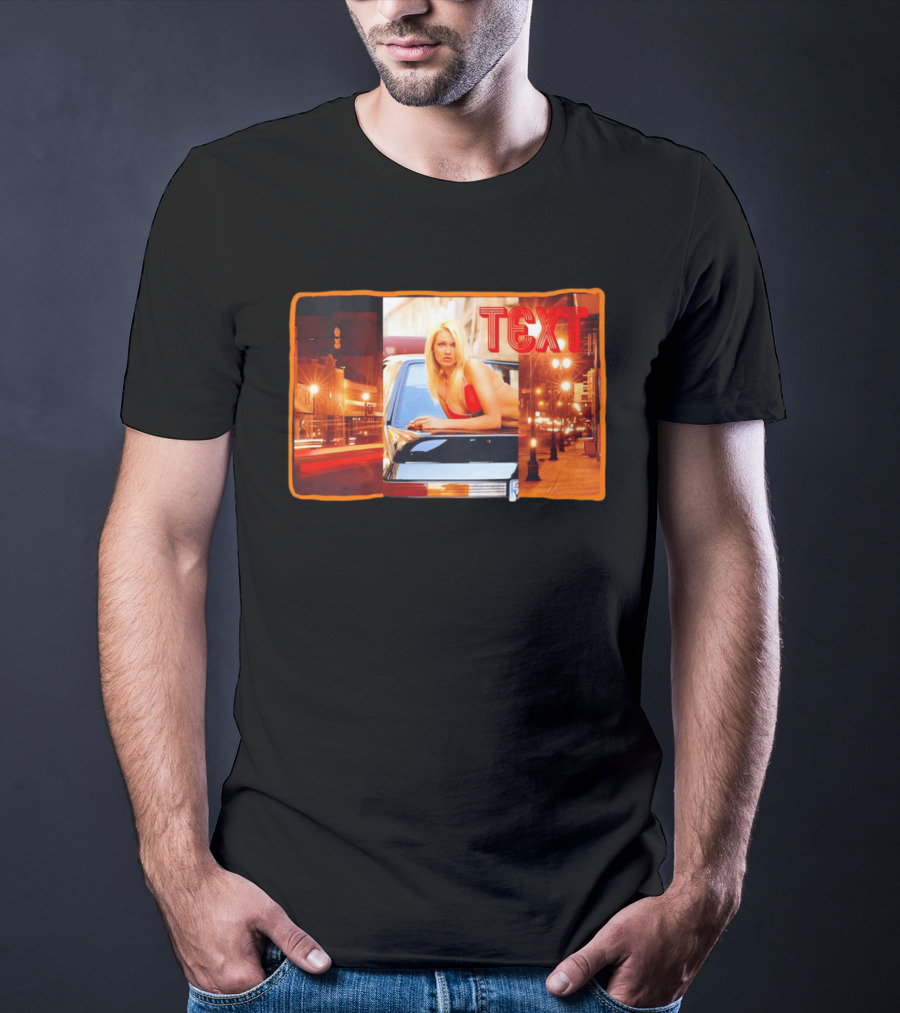 Blonde Woman In Red Bikini Leaning On Car At Night With Neon City Lights T-Shirt