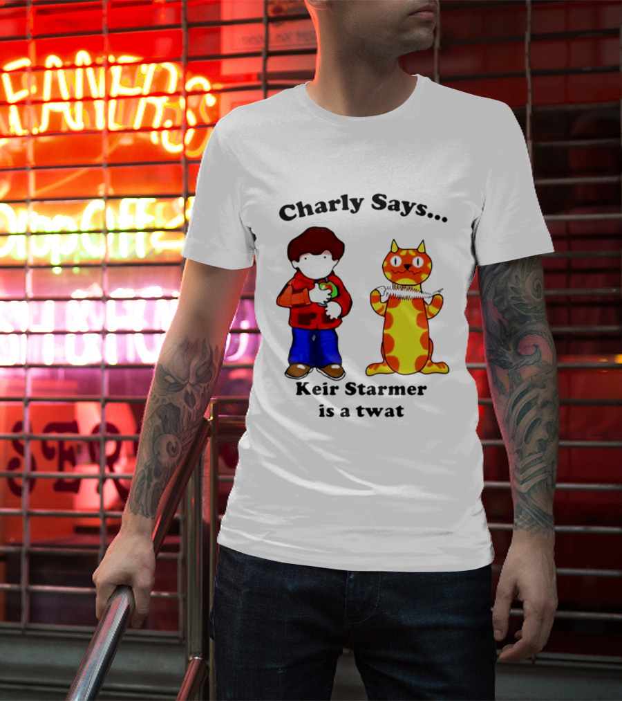 Charly Says Keir Starmer Is A Twat Comic Retro Style Cat And Kid T-Shirt