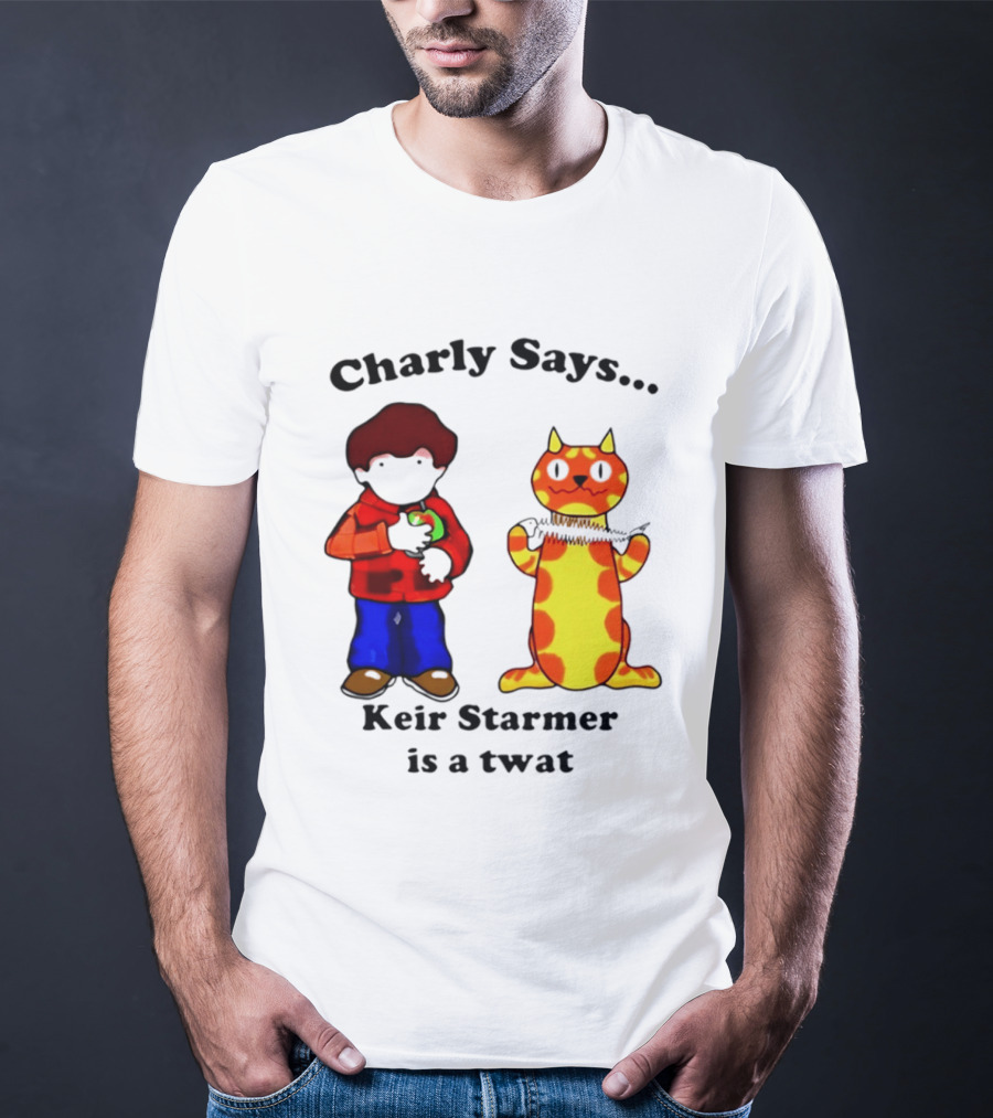Charly Says Keir Starmer Is A Twat Comic Retro Style Cat And Kid T-Shirt