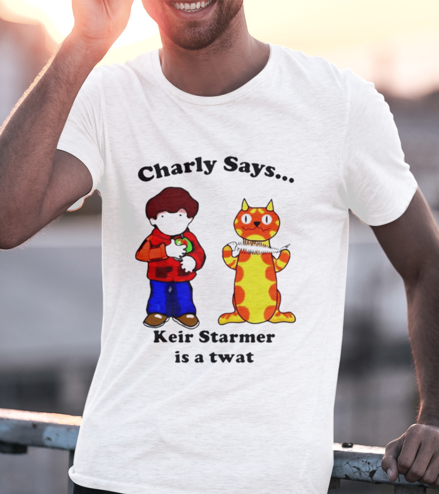 Charly Says Keir Starmer Is A Twat Comic Retro Style Cat And Kid T-Shirt
