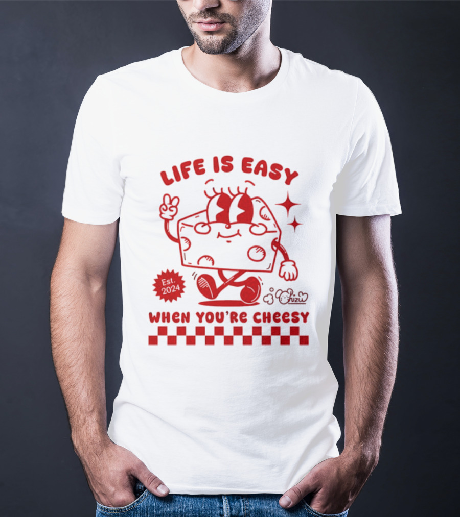 Life Is Easy When You're Cheesy Cartoon Cheese Character With Peace Sign And Stars T-Shirt