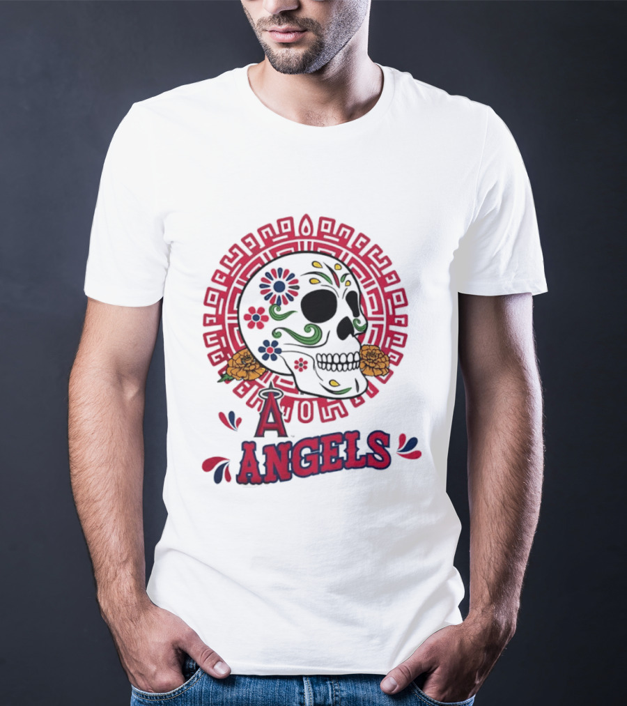 Los Angeles Angels Dia De Los Muertos Sugar Skull Aztec Calendar T-Shirt