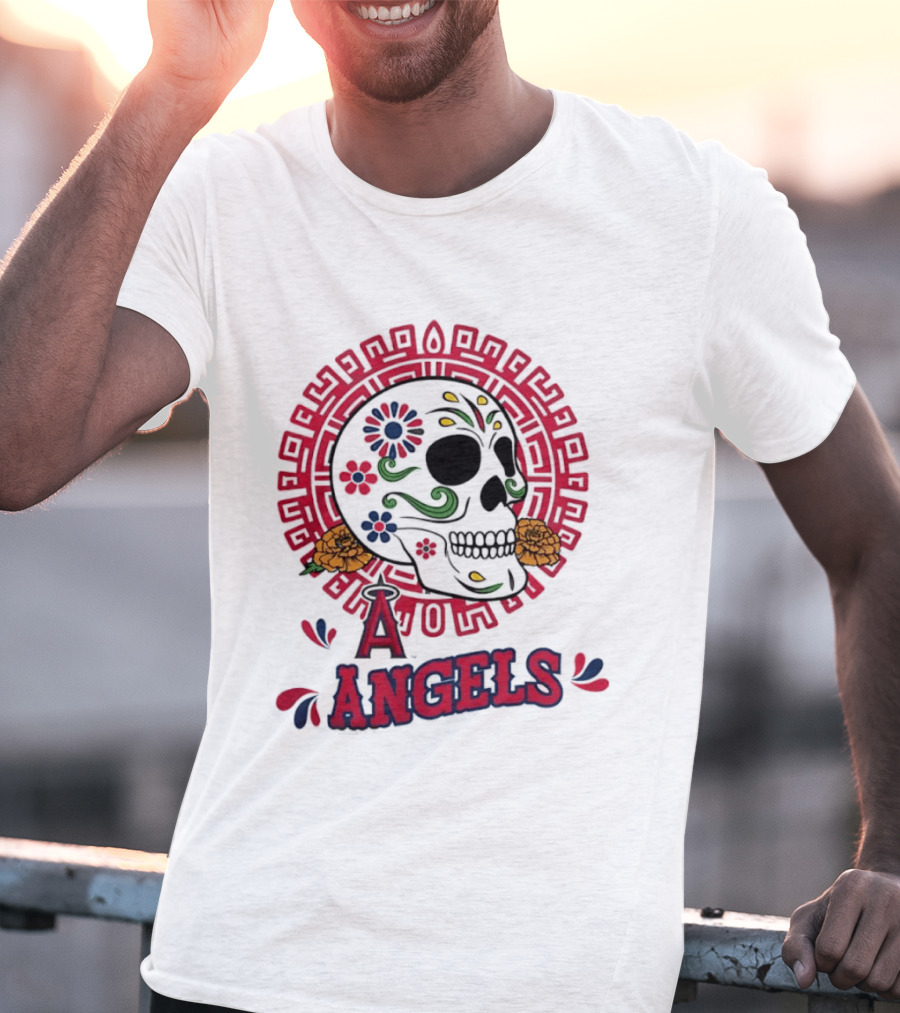 Los Angeles Angels Dia De Los Muertos Sugar Skull Aztec Calendar T-Shirt